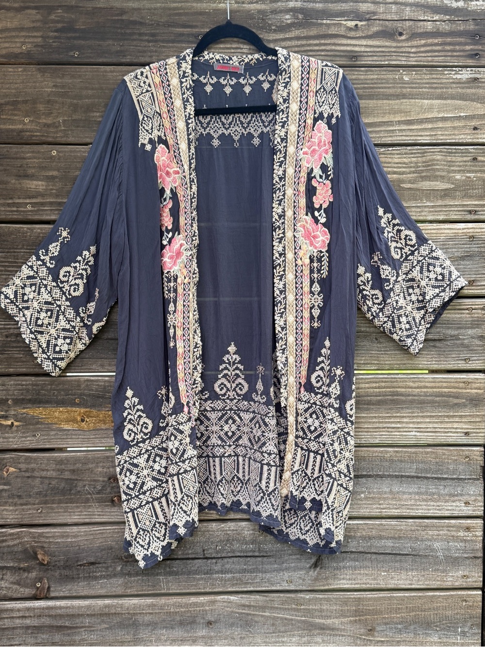 Johnny Was Helena Embroidered Kimono Duster Slate Blue Gray Floral M / L